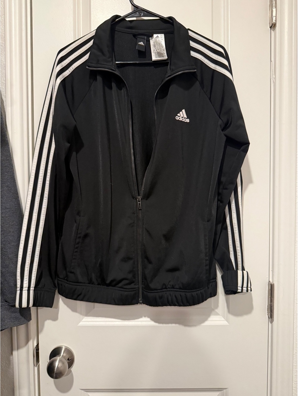 Adidas Black Track Jacket with White Stripes, Size M
